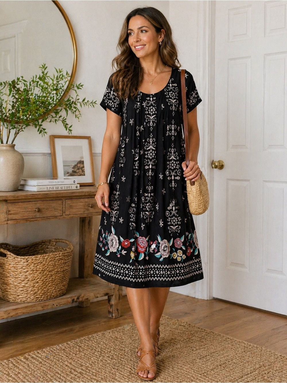 Perceptions Black Floral Border Print Short Sleeve Dress
